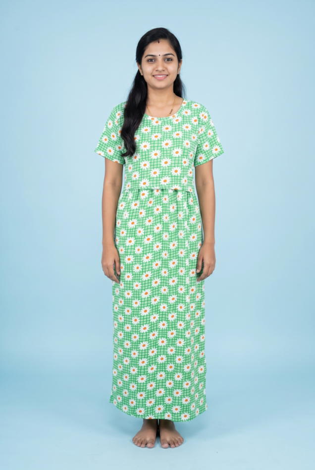 Zipless Feeding Maxi | Normal sleeve | Flower checked Print | Lemon Green