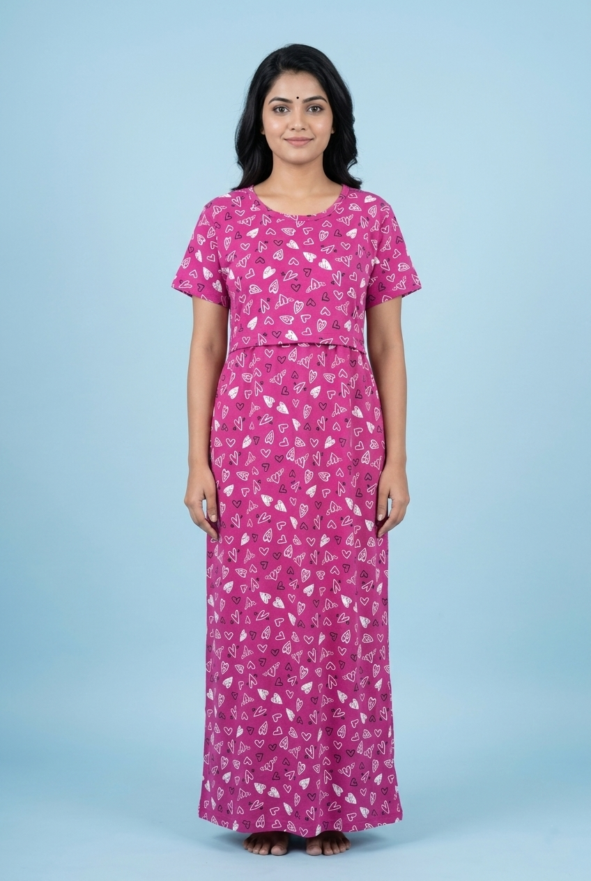 Zipless Feeding Maxi | Normal sleeve | Small heart Print | pink