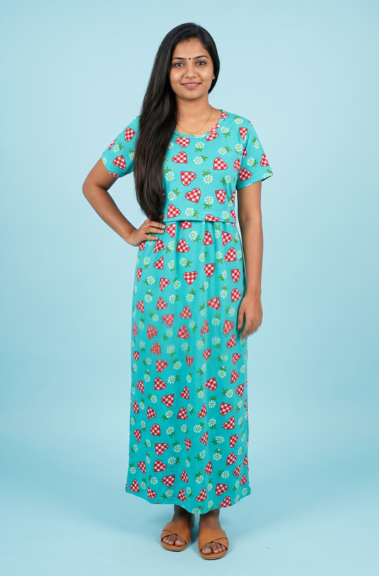 Zipless Feeding Maxi | Normal sleeve | Heart & Flower Print | Ramar Green
