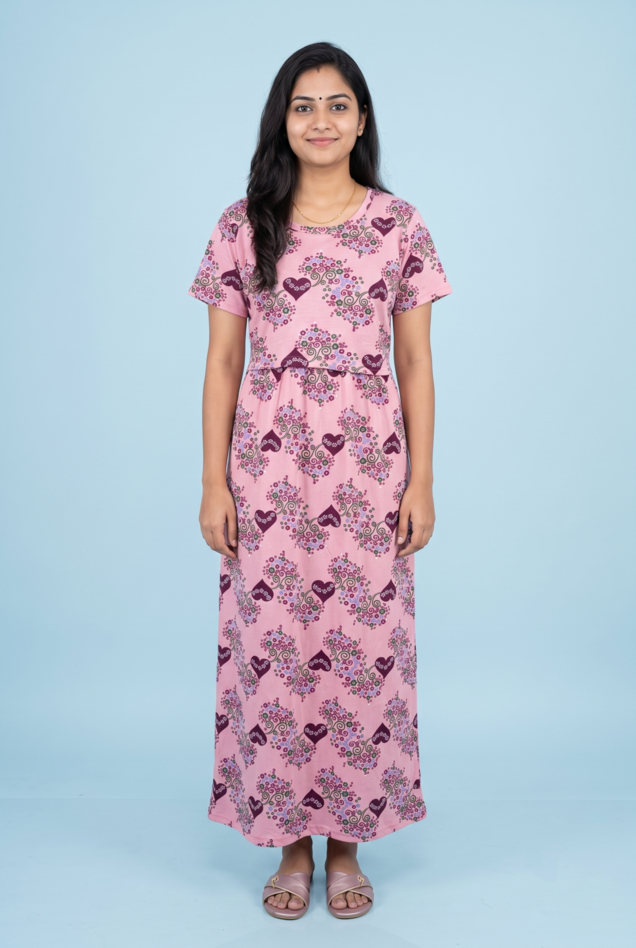 Zipless Feeding Maxi | Normal sleeve | Heart & Flower Print | Baby Pink