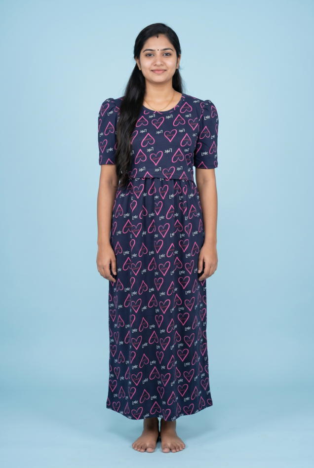 Zipless Feeding Maxi | Puff sleeve | Heart Print | Navy Blue