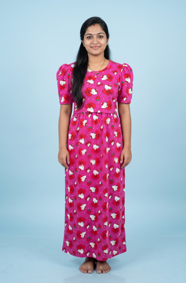 Zipless Feeding Maxi | Puff sleeve | Kitty Print | Pink