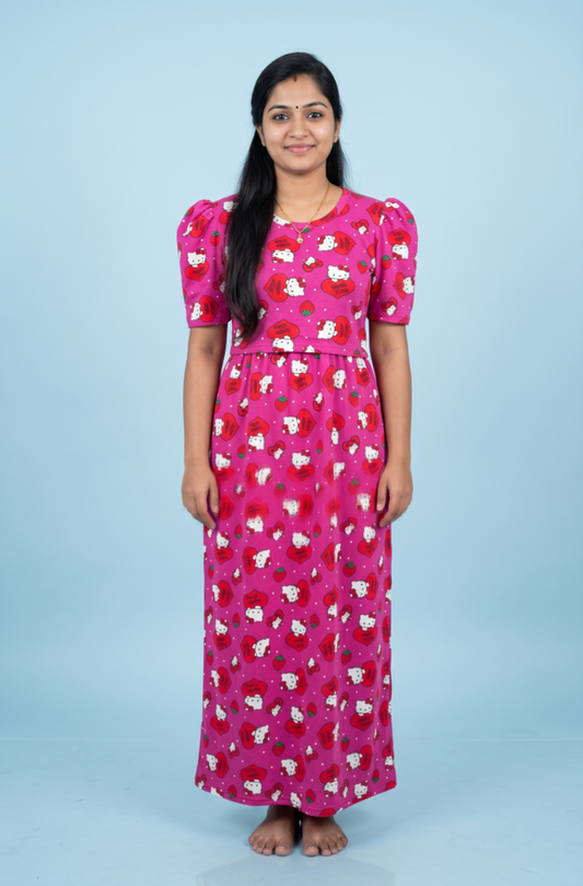 Zipless Feeding Maxi | Puff sleeve | Kitty Print | Pink
