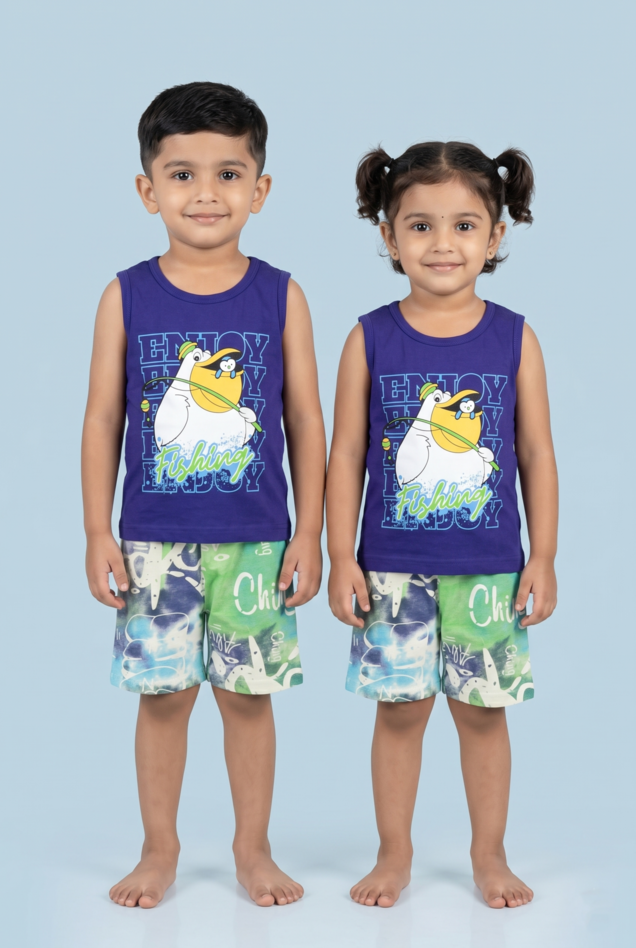 Story Kids | Unisex Sleeveless T-shirt and Shorts | Premium Quality | Blue Duck
