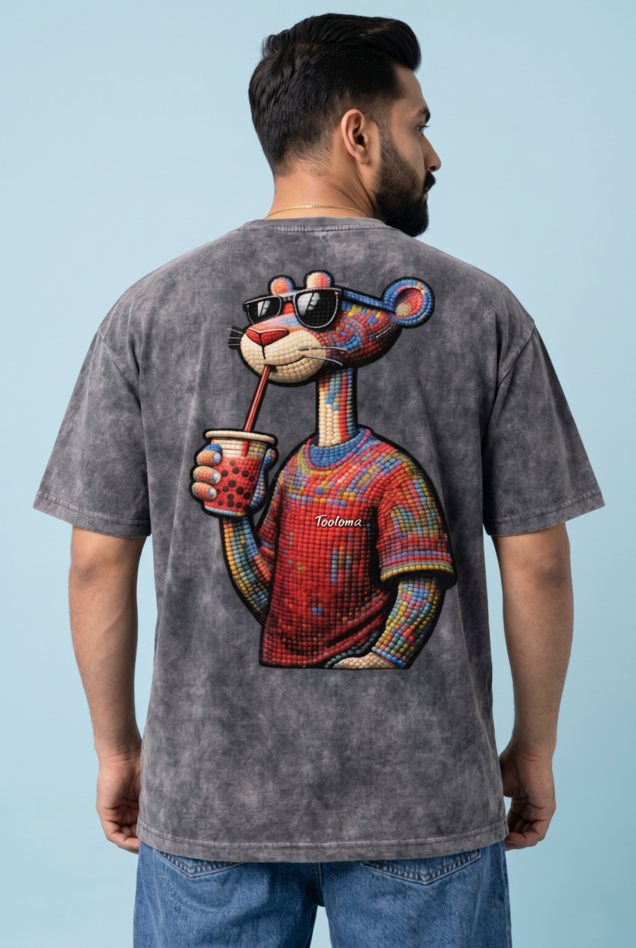 Round Neck - Drop shoulder | Acid Washed | Cool Panther Print
