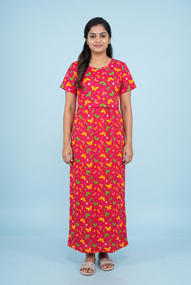 Zipless Feeding Maxi | Normal sleeve | Butterfly & Leaf Print | Red