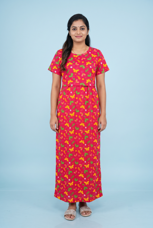 Zipless Feeding Maxi | Normal sleeve | Butterfly & Leaf Print | Red