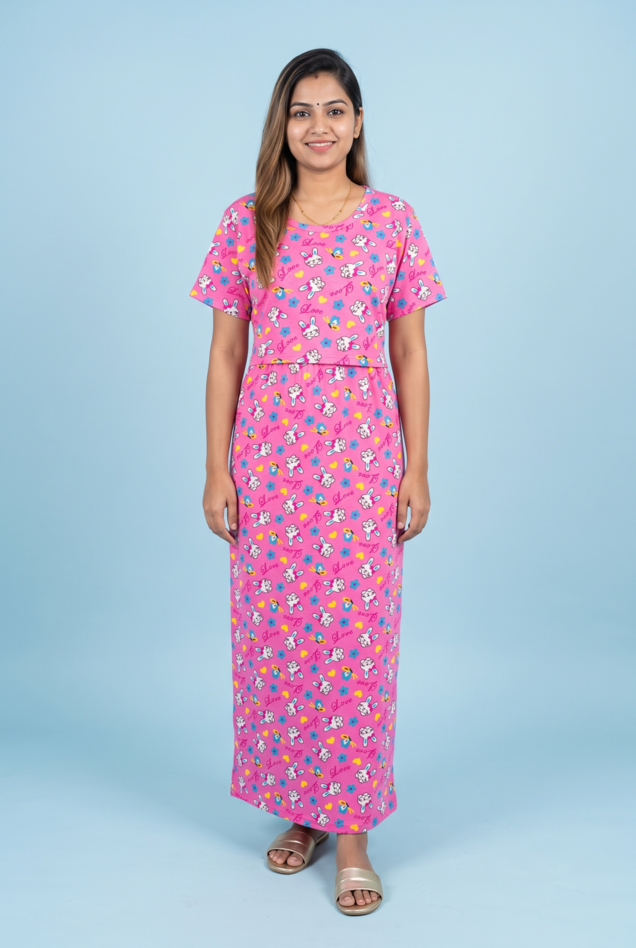 Zipless Feeding Maxi | Normal sleeve | Rabbit Print | Baby Pink