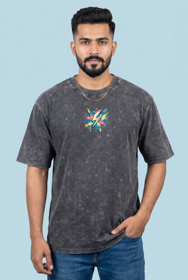 Round Neck - Drop shoulder | Acid Washed | Hand Printed "CHAOS"