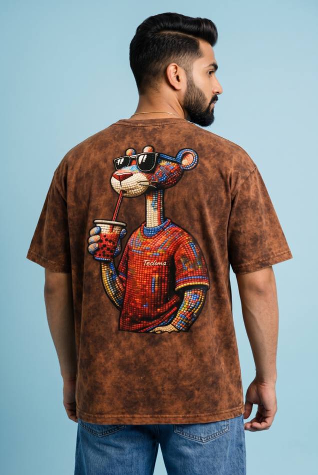 Round Neck - Drop shoulder | Acid Washed | Cool Panther Print