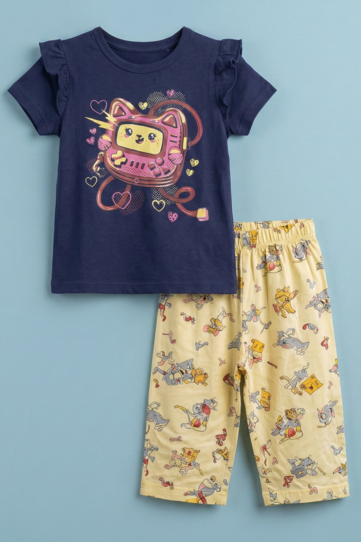 Story Kids| Girls Capri Set| Frill Sleeve | Navy Blue