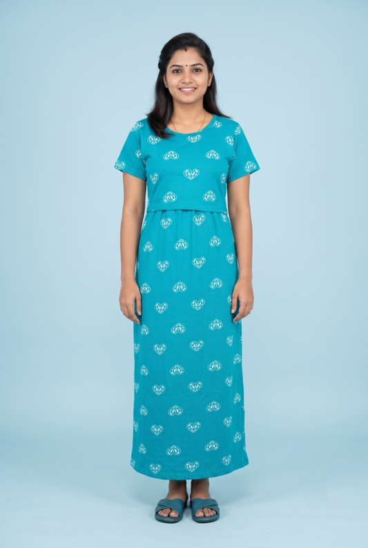 Zipless Feeding Maxi | Normal sleeve | Big Heart Print | Bright Turquoise