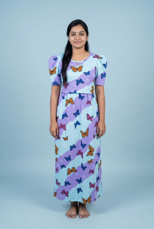 Zipless Feeding Maxi | Puff sleeve | Big Butterfly Print | Lite blue & Sky Blue