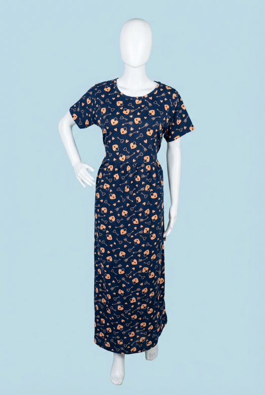 Zipless Feeding Maxi | Normal sleeve | Hear & Key Print | Navy blue