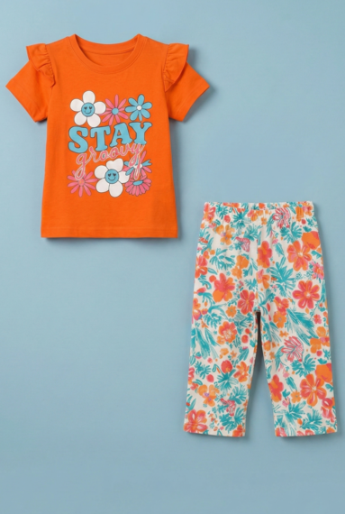 Story Kids| Girls Capri Set| Frill Sleeve | Orange