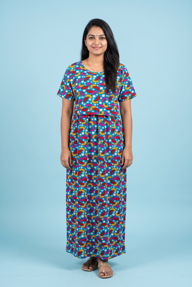 Zipless Feeding Maxi | Normal sleeve | Vintage hand Fan Print | Blue