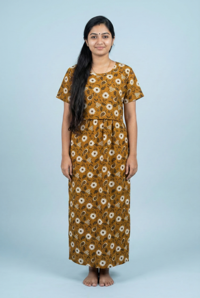 Zipless Feeding Maxi | Normal sleeve | Flower Print | Mustard color