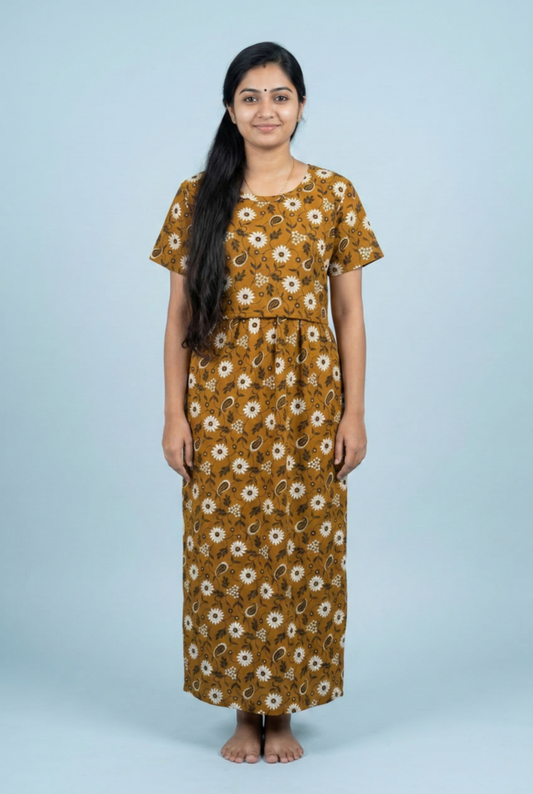 Zipless Feeding Maxi | Normal sleeve | Flower Print | Mustard color