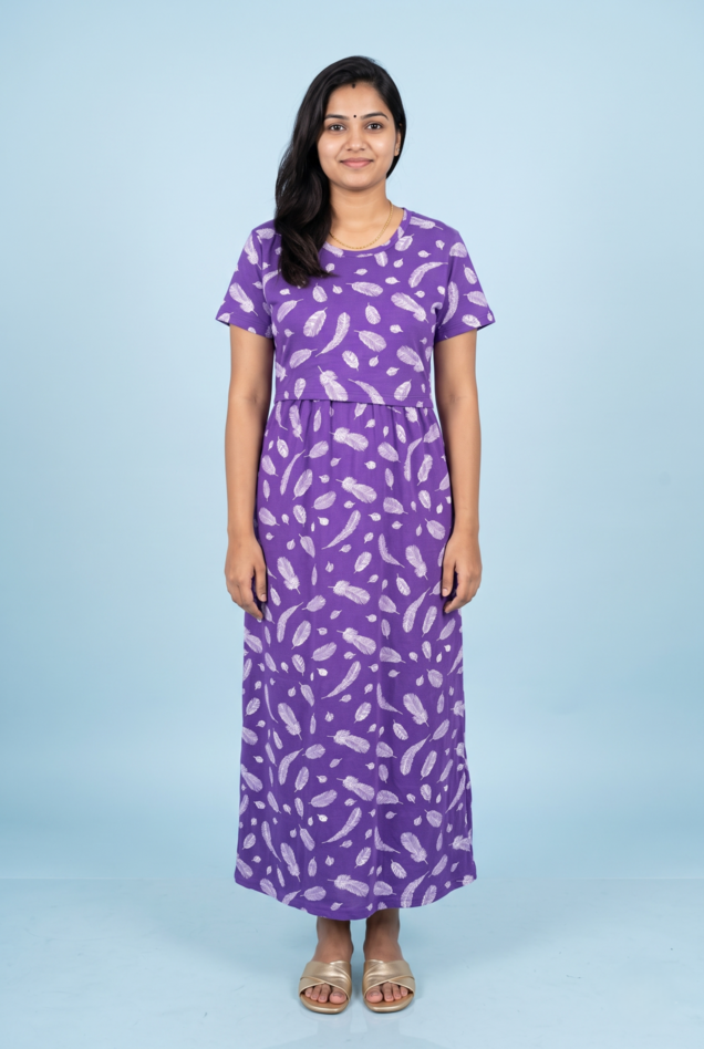 Zipless Feeding Maxi | Normal sleeve | Feather Print | Violet