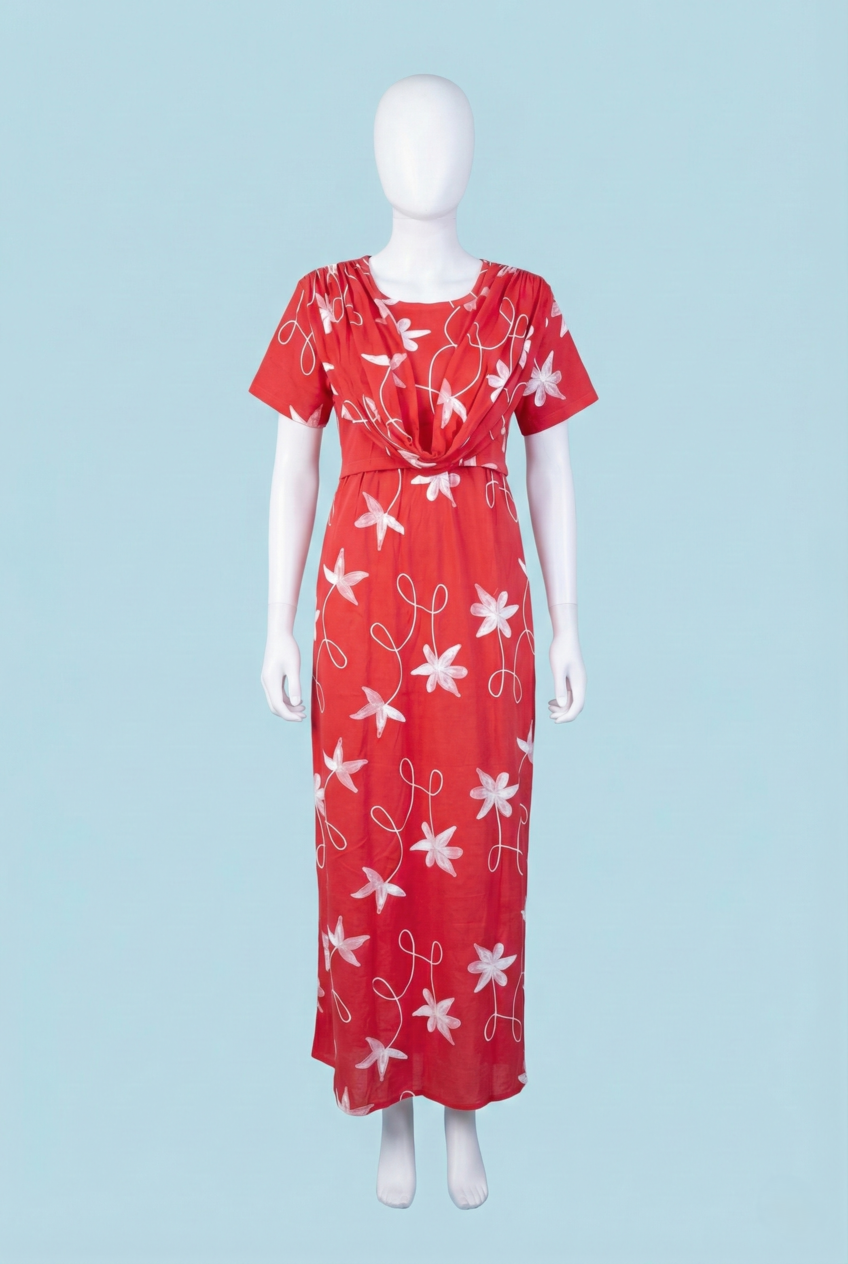 Zipless Shawl Type Feeding Maxi | Normal sleeve | Floral Print | Red