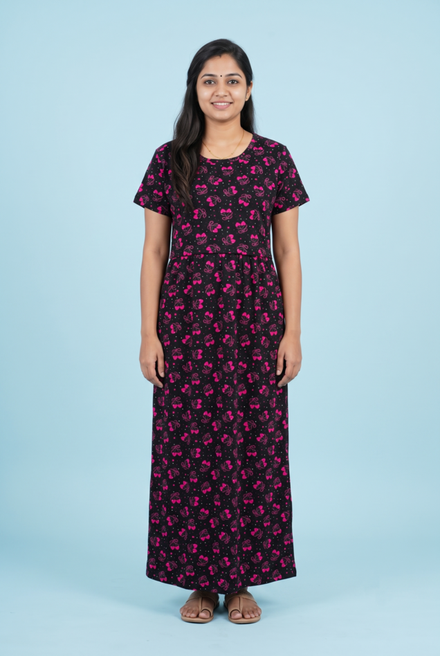 Zipless Feeding Maxi | Normal sleeve | Small Heart & Bow Print | Black