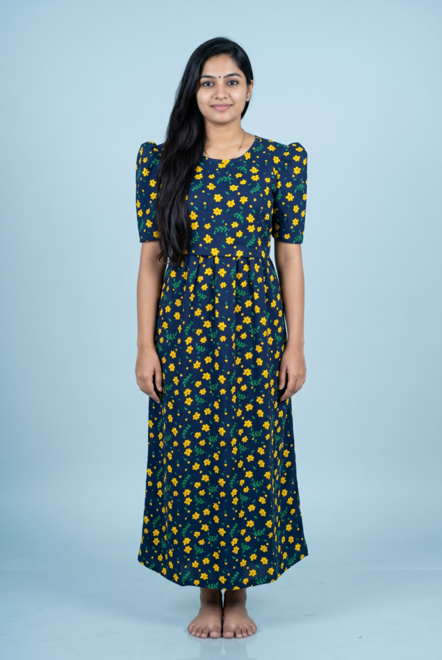 Zipless Feeding Maxi | Puff sleeve | Small Floral Print | Dark Blue