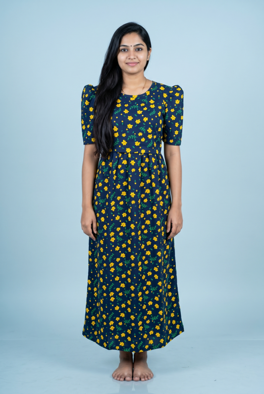 Zipless Feeding Maxi | Puff sleeve | Small Floral Print | Dark Blue
