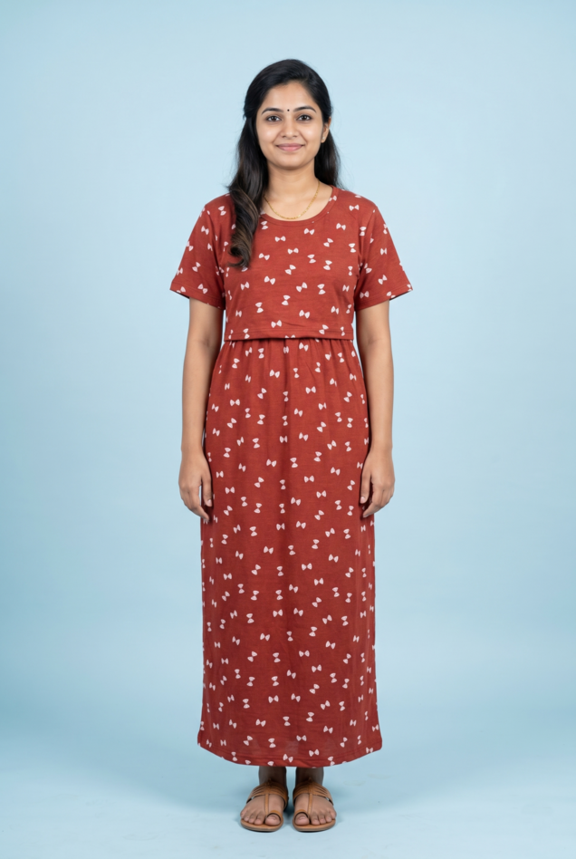 Zipless Feeding Maxi | Normal sleeve | Bow Print | Terracotta Color