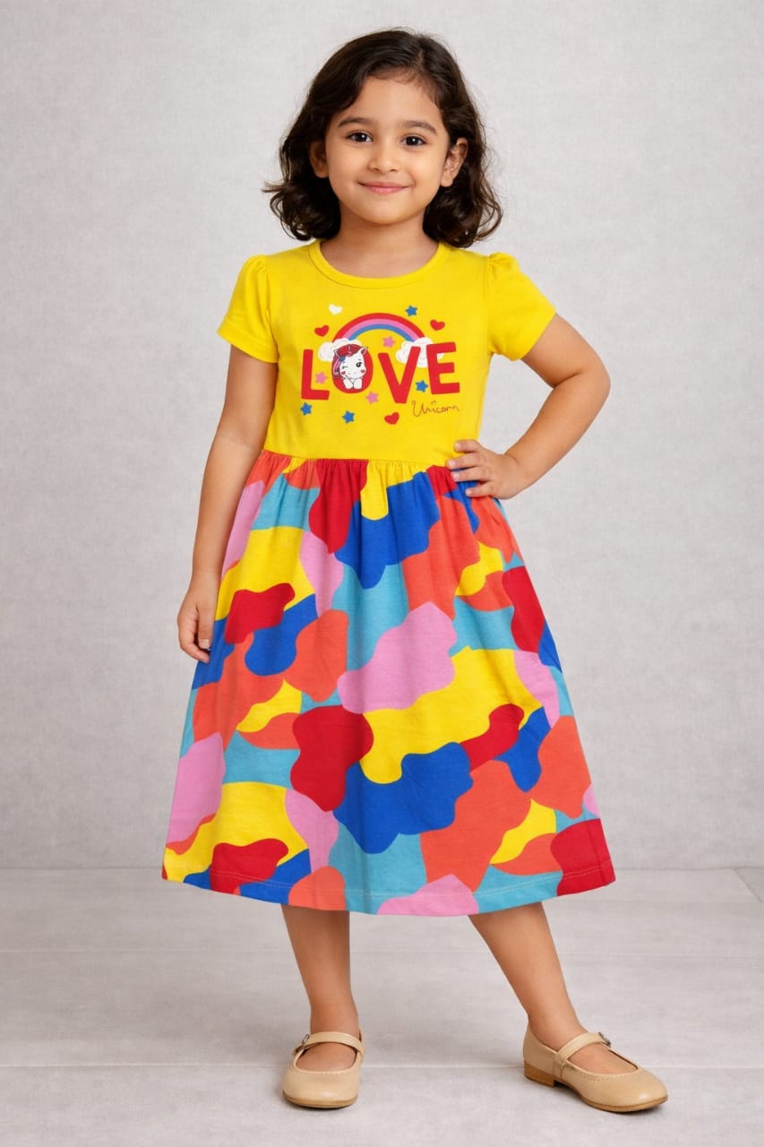 Story Kids | Dual shade Frock | Short Sleeve | Yellow & Multi color