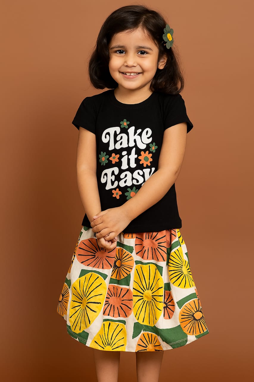 Story Kids| Girls T-shirt and Skirt set | Black & Yellow